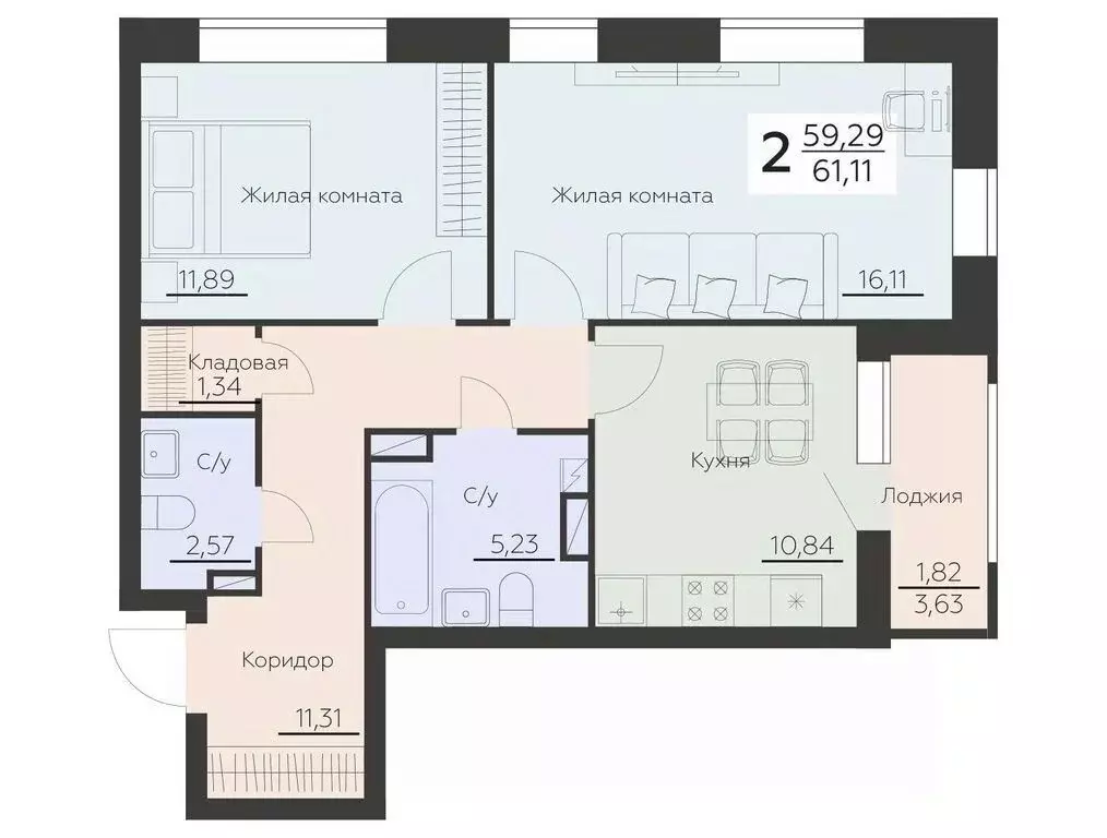 2-к кв. Воронежская область, Воронеж Ленинградская ул., 29Б (61.11 м) - Фото 0