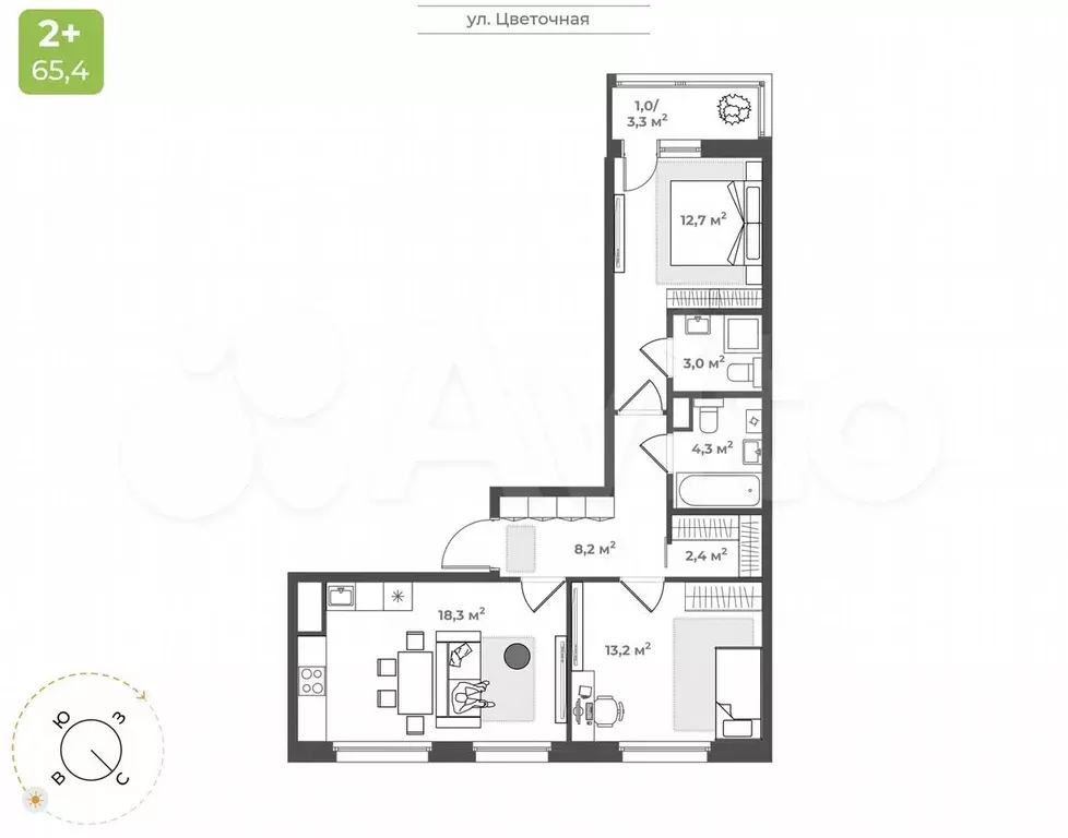 2-к. квартира, 63,1 м, 4/9 эт. - Фото 0