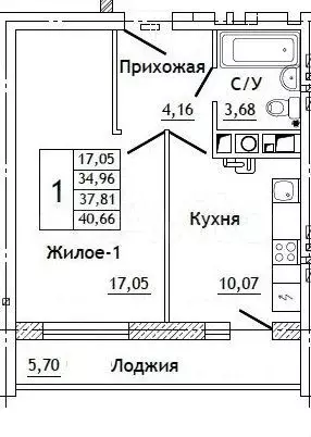 1-к. квартира, 40,7 м, 4/10 эт. - Фото 0