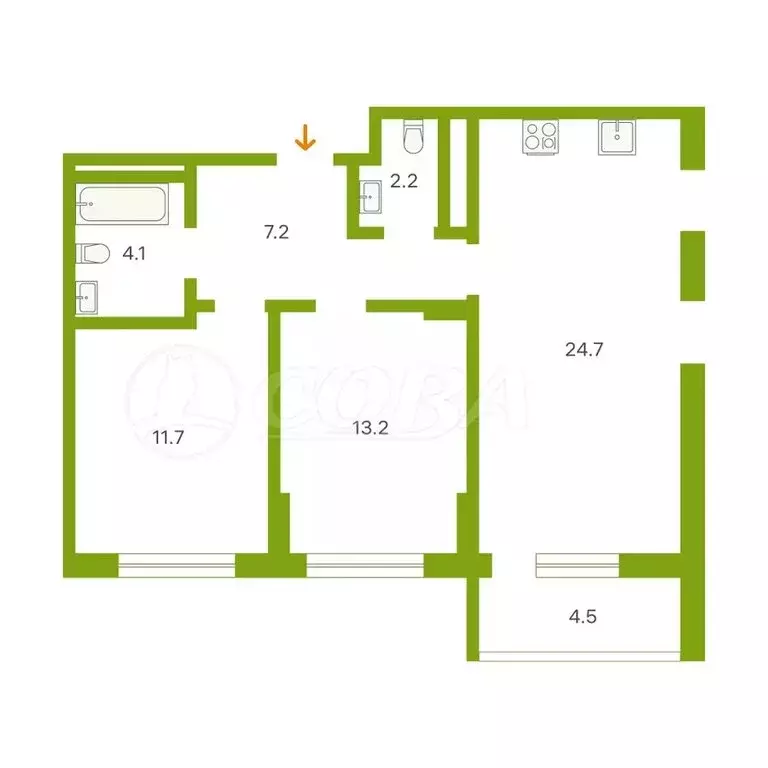 2-комнатная квартира: Тюмень, Интернациональная улица, 199А (63 м) - Фото 1