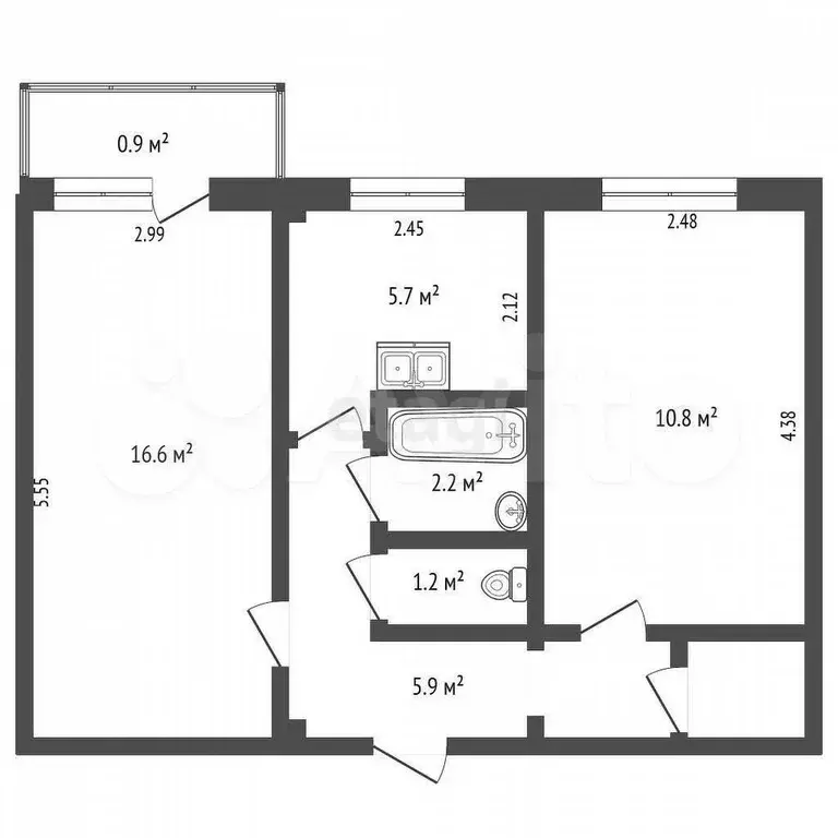 2-к. квартира, 43,7 м, 4/5 эт. - Фото 1