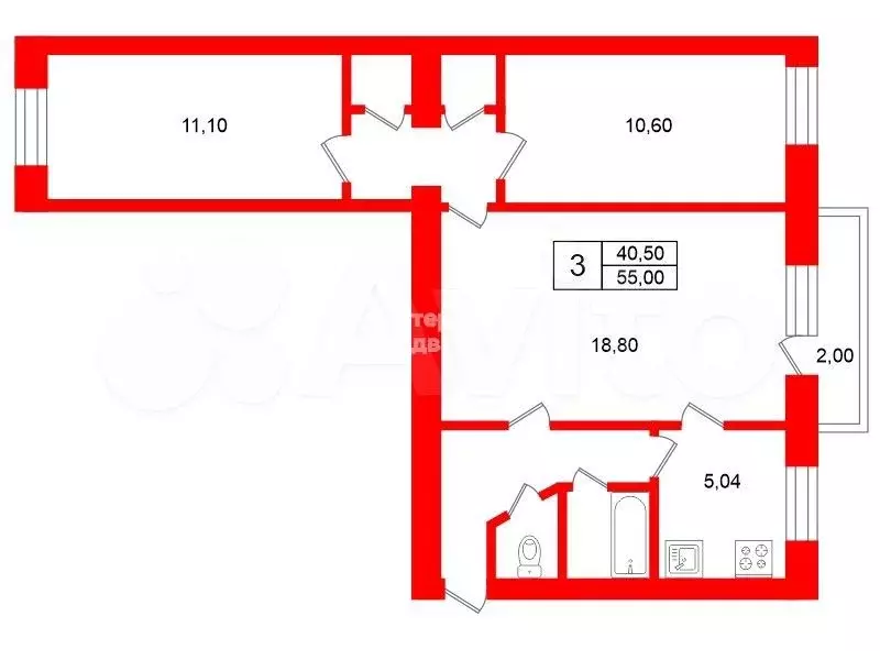 3-к. квартира, 55 м, 4/5 эт. - Фото 0