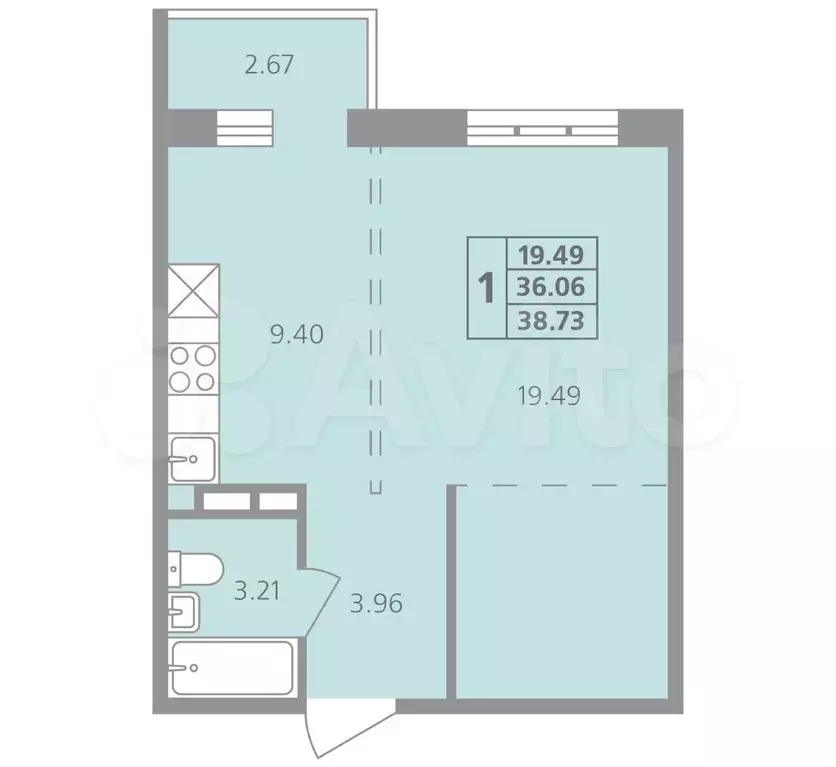 1-к. квартира, 38,7 м, 4/5 эт. - Фото 1