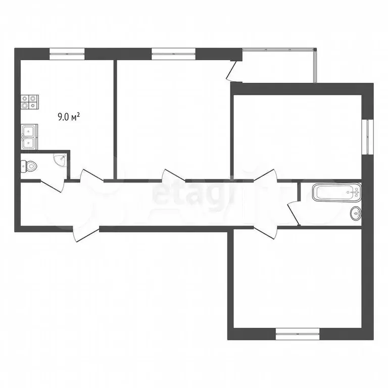 3-к. квартира, 59,9 м, 2/3 эт. - Фото 0