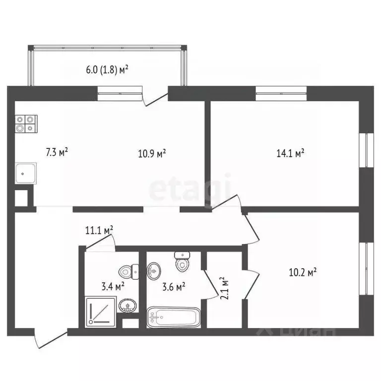 2-к кв. Тюменская область, Тюмень Профсоюзная ул., 49 (62.4 м) - Фото 1