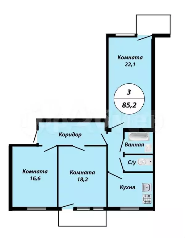 Комната 33 м в 3-к., 8/8 эт. - Фото 1