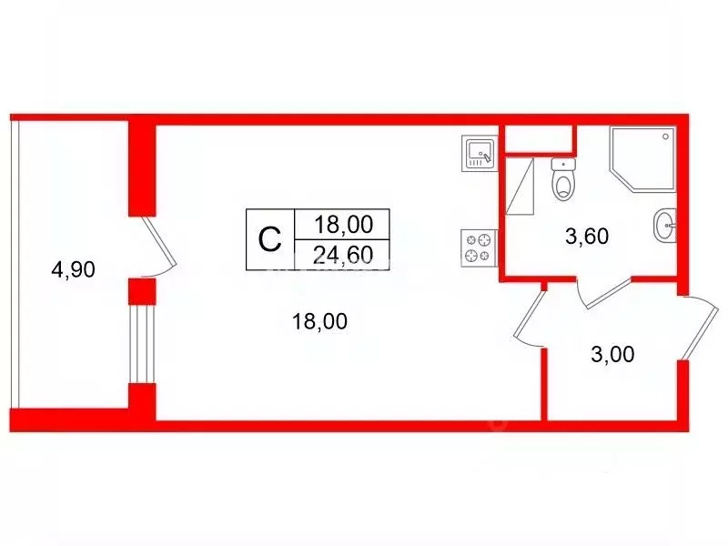 Студия Санкт-Петербург ул. Летчика Лихолетова, 14к2 (24.6 м) - Фото 1