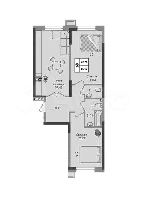 2-к. квартира, 61,4 м, 5/9 эт. - Фото 1