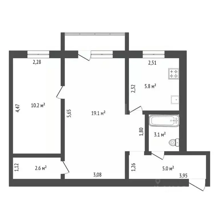 2-к кв. Амурская область, Благовещенск ул. Ломоносова, 166 (45.8 м) - Фото 2