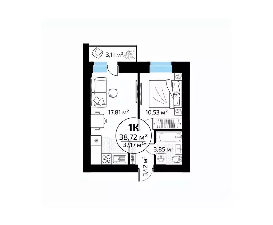 1-к кв. Самарская область, Самара пос. Мехзавод, 1-й кв-л, 50 (38.72 ... - Фото 1