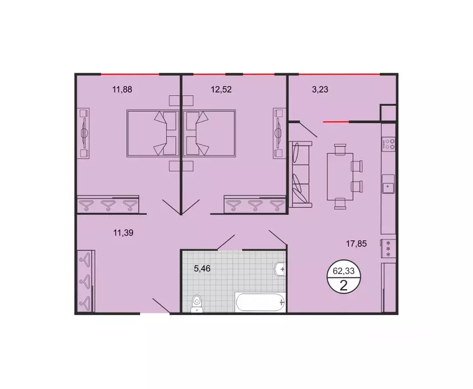 2-к кв. Ставропольский край, Ставрополь № 15 мкр,  (62.33 м) - Фото 1