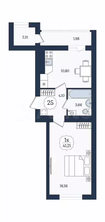 1-к. квартира, 41,2 м, 7/9 эт. - Фото 1