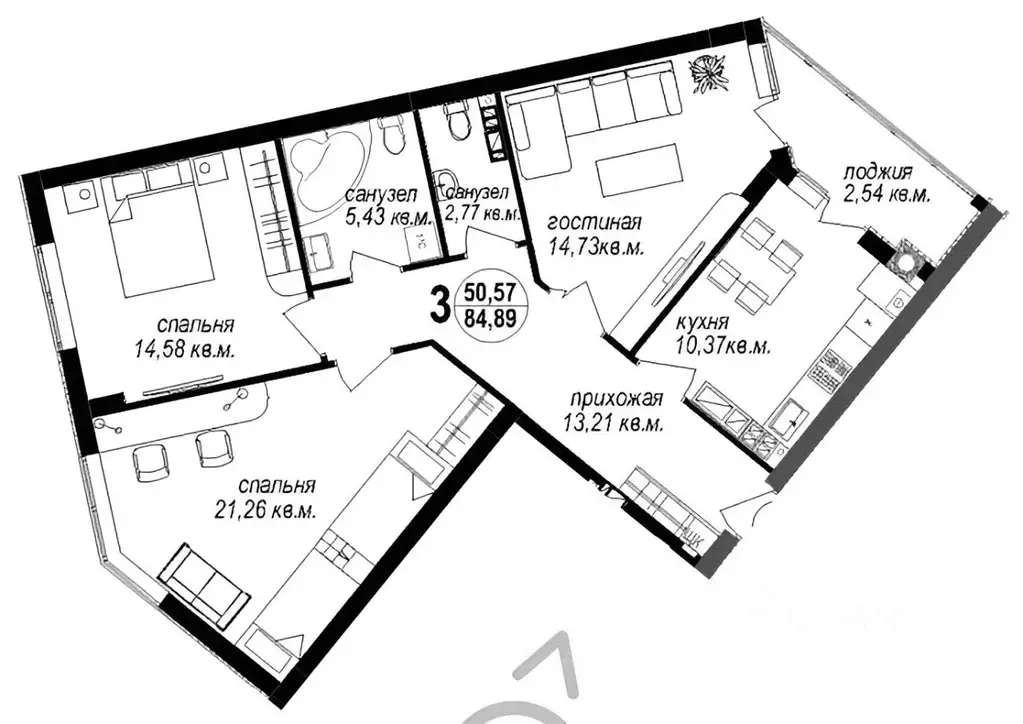 3-к кв. Калининградская область, Калининград ул. Кипарисовая, 2 (85.7 ... - Фото 2
