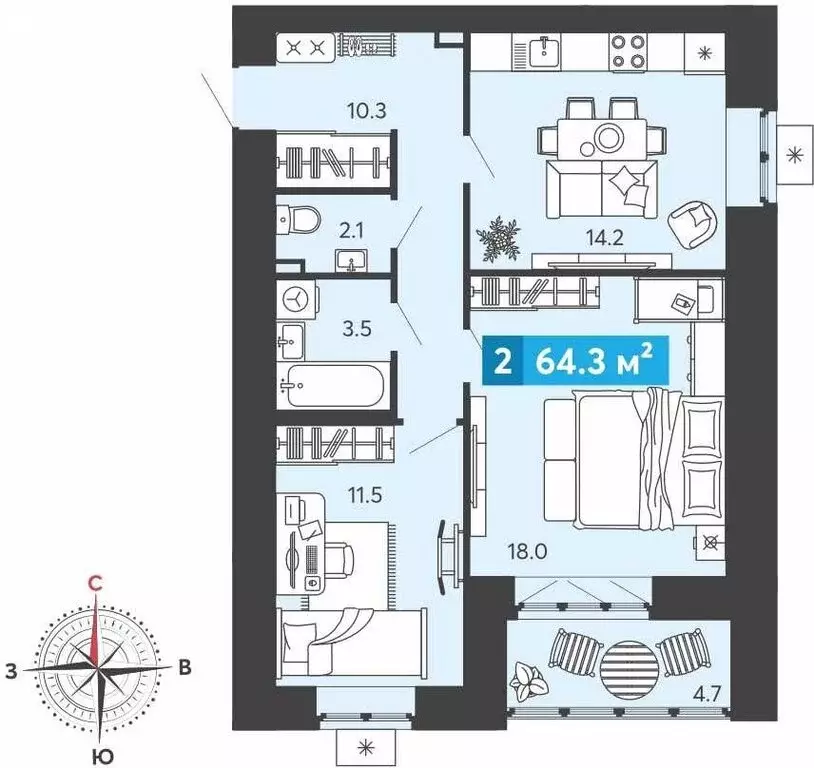 2-комнатная квартира: Засечное, Прибрежный бульвар, 5 (64.3 м) - Фото 1