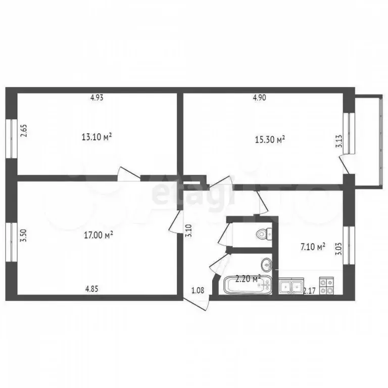 3-к. квартира, 59,3 м, 3/5 эт. - Фото 0