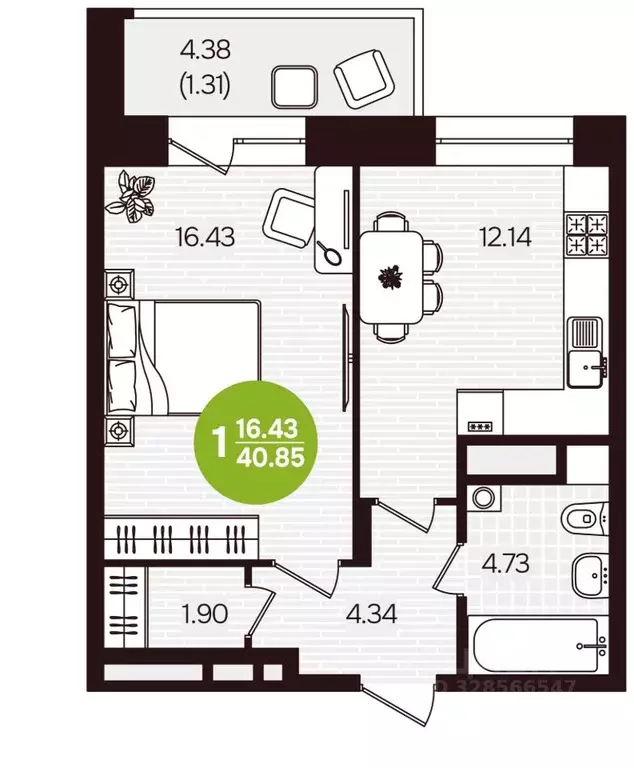 1-к кв. Чувашия, Чебоксары Фруктовая ул., поз1 (40.85 м) - Фото 2