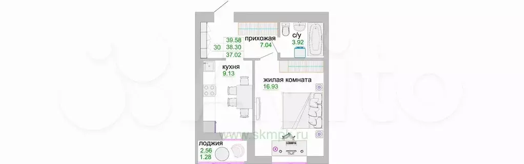 1-к. квартира, 38,8 м, 9/9 эт. - Фото 1