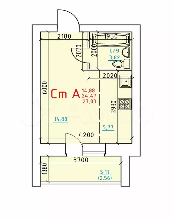 Квартира-студия, 27 м, 1/8 эт. - Фото 1