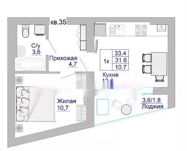 1-к. квартира, 34 м, 8/8 эт. - Фото 1