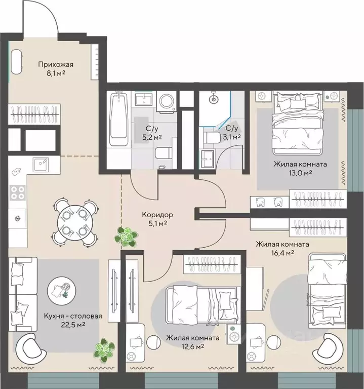 3-к кв. Свердловская область, Екатеринбург Эльмаш жилрайон, Изумрудный ... - Фото 1