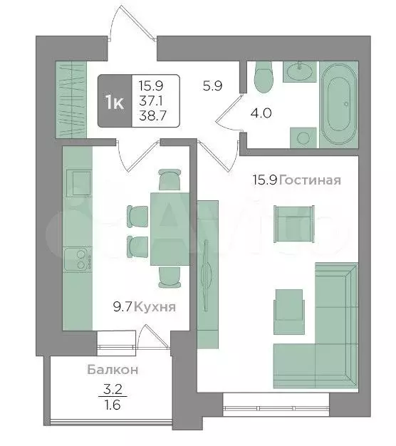 1-к. квартира, 38,7 м, 8/9 эт. - Фото 1
