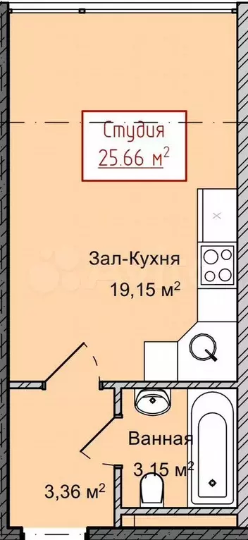 Квартира-студия, 25,7 м, 12/13 эт. - Фото 0
