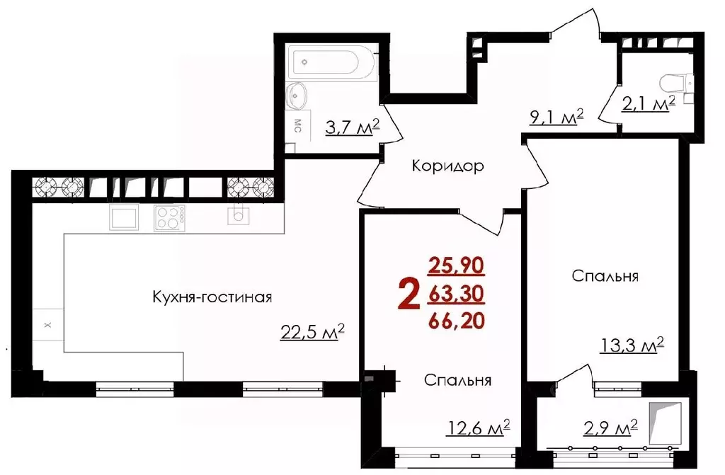 2-к кв. Белгородская область, Белгород ул. Губкина, 54 (66.2 м) - Фото 0