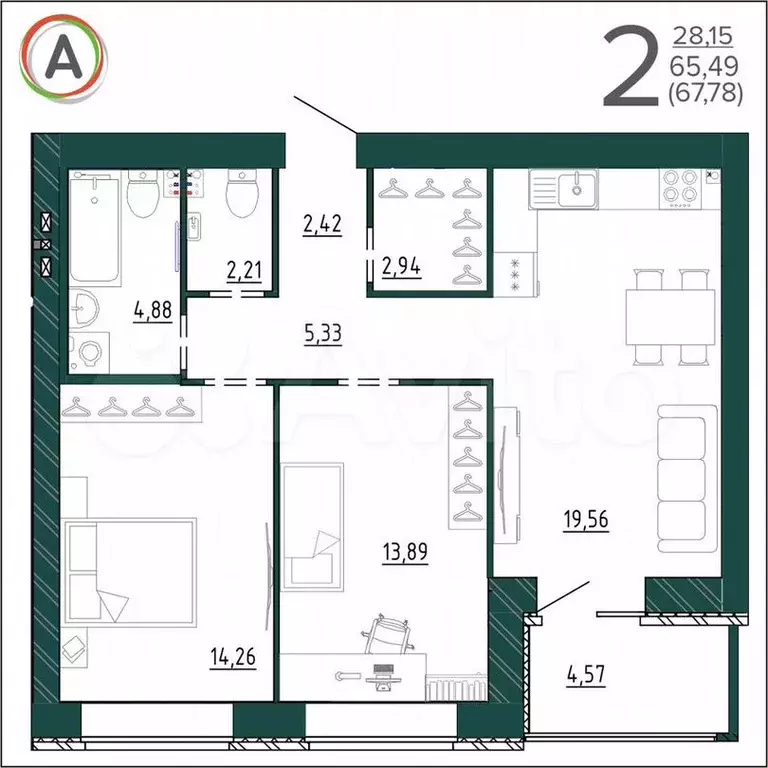 2-к. квартира, 67,8м, 7/9эт. - Фото 1