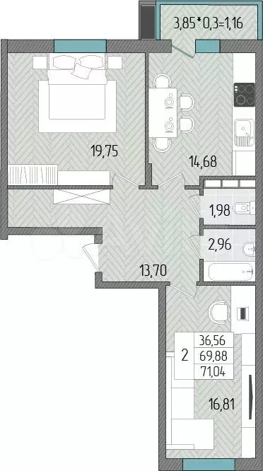 2-к. квартира, 71 м, 7/8 эт. - Фото 1