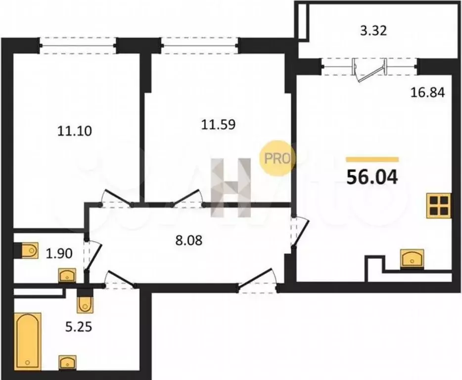 2-к. квартира, 56 м, 1/9 эт. - Фото 1