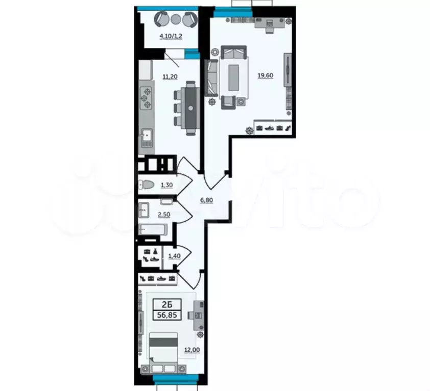 2-к. квартира, 57,6 м, 21/25 эт. - Фото 1