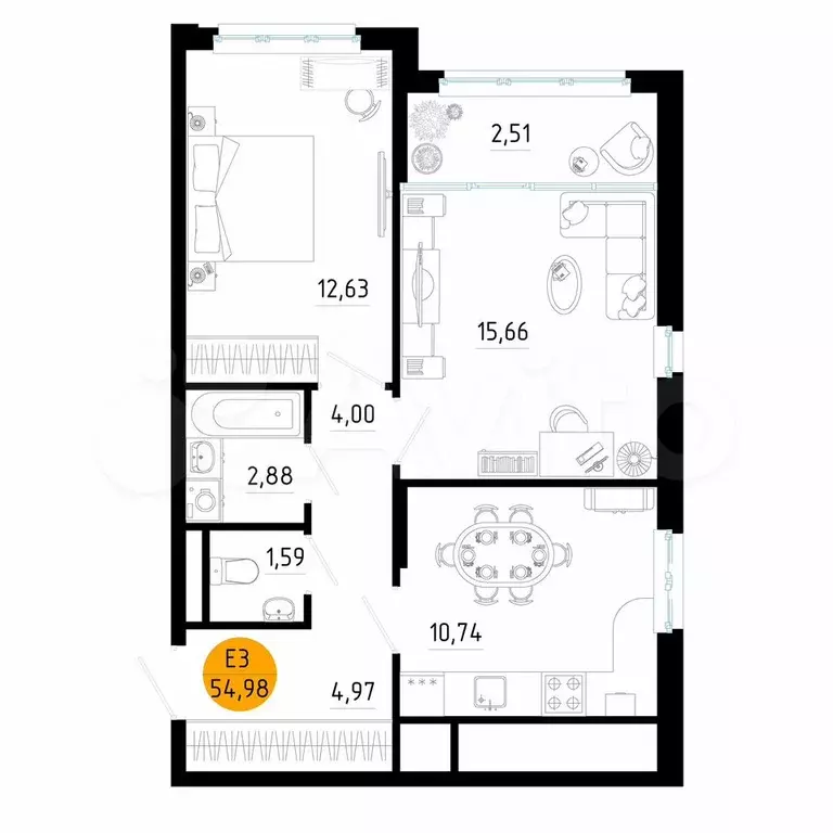 2-к. квартира, 55 м, 4/25 эт. - Фото 1