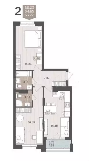 2-к. квартира, 66 м, 2/9 эт. - Фото 1