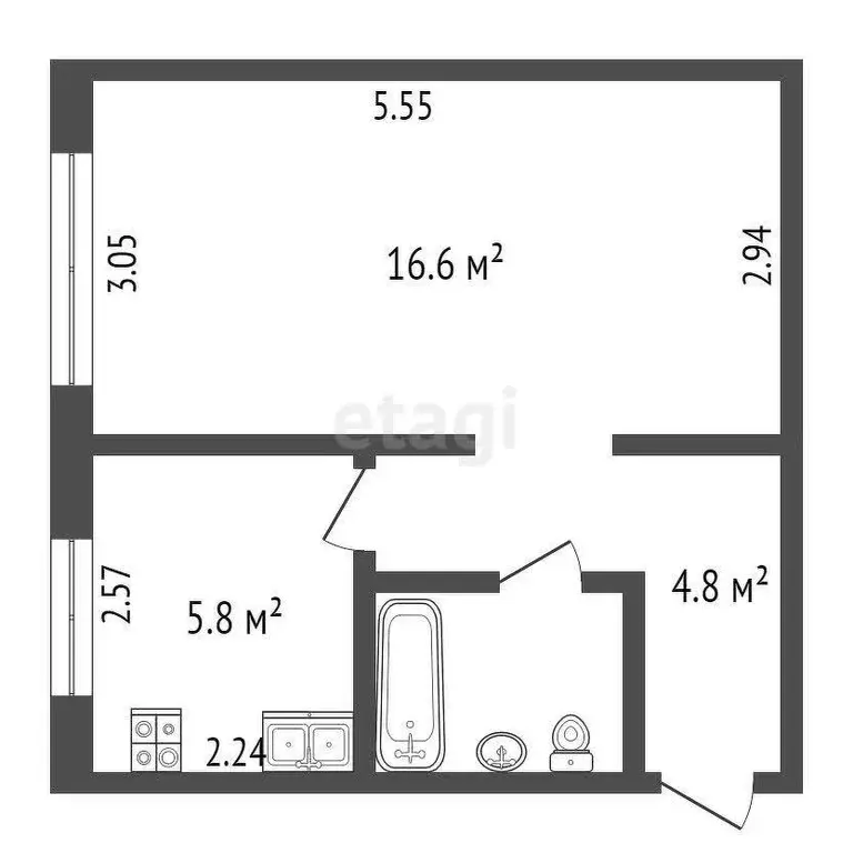 Квартира, 1 комната, 30.1 м - Фото 0