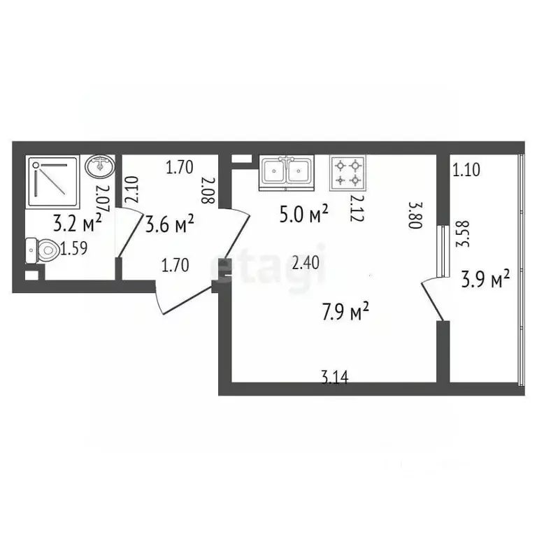 Студия Санкт-Петербург наб. Реки Каменки, 21к1 (19.7 м) - Фото 1