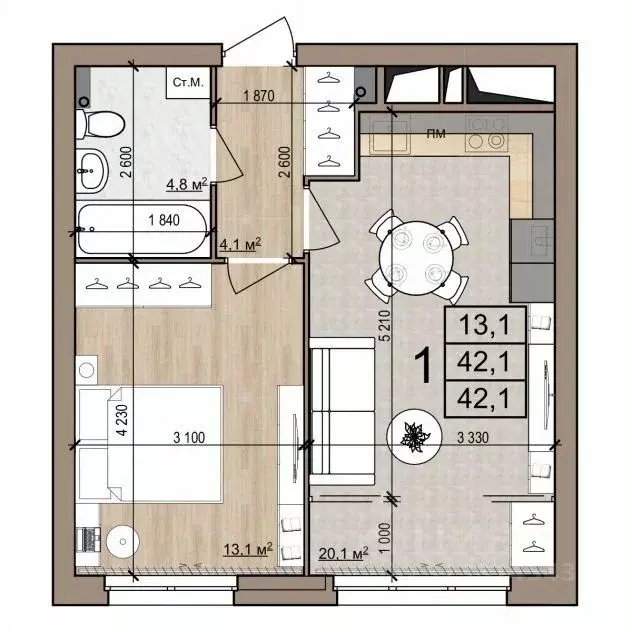 1-к кв. Рязанская область, Рязань ул. Новоселов, 33Б (42.1 м) - Фото 1
