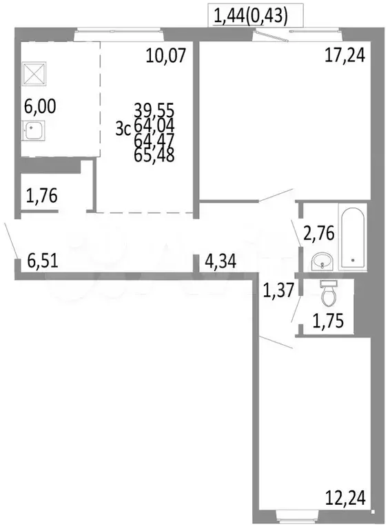 3-к. квартира, 64,5 м, 3/10 эт. - Фото 0