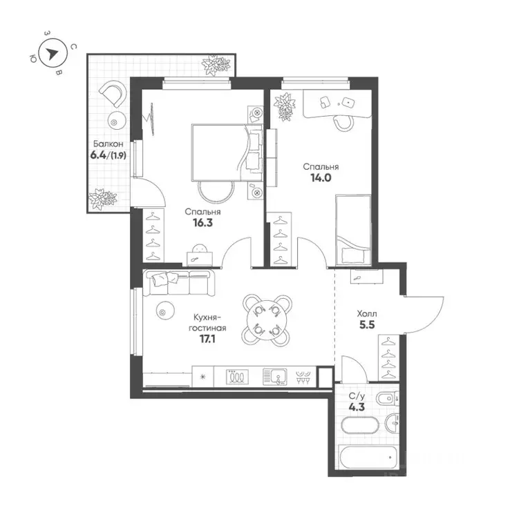 2-к кв. Свердловская область, Екатеринбург Солнечный жилрайон,  (59.1 ... - Фото 1