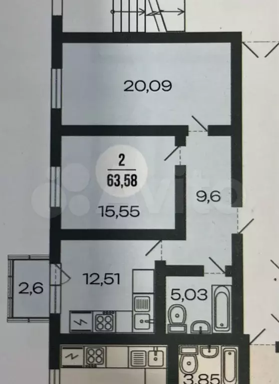 1-к. квартира, 63,8 м, 2/3 эт. - Фото 0