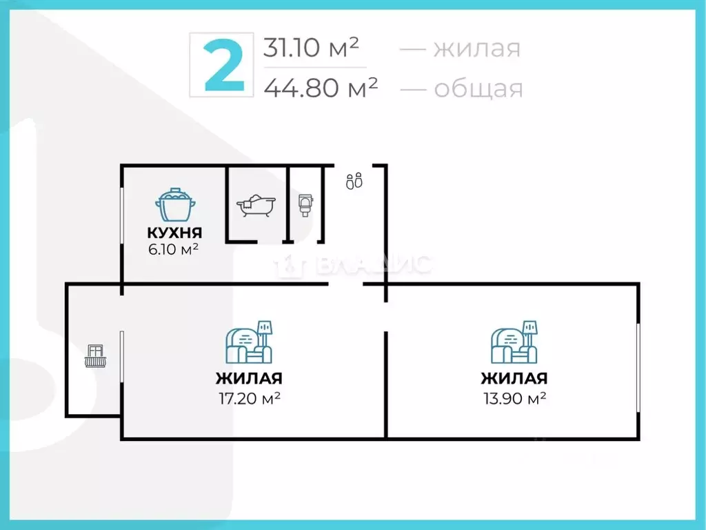 2-к кв. Волгоградская область, Волгоград Дубовская ул., 14 (44.8 м) - Фото 1