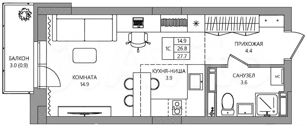 Квартира-студия, 27,7 м, 4/9 эт. - Фото 0