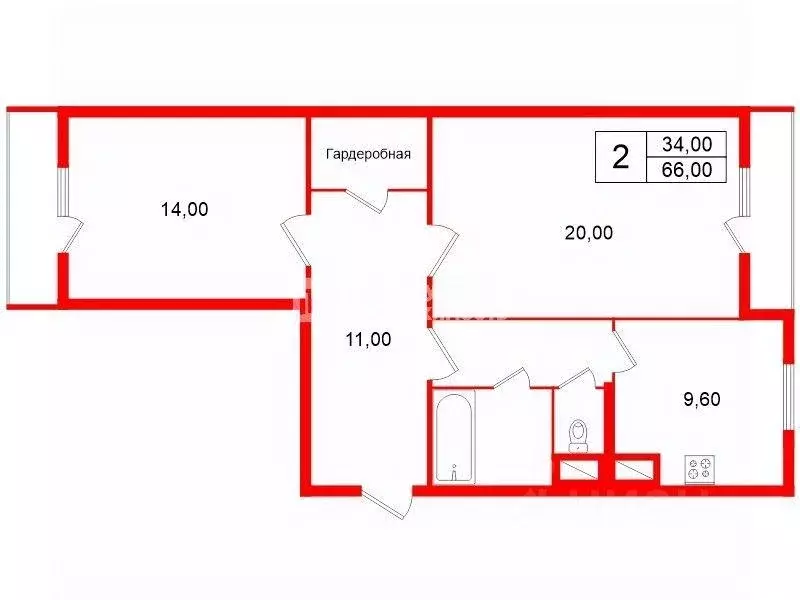 Квартира, 2 комнаты, 66 м - Фото 1