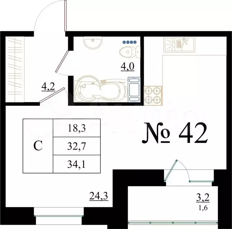 Квартира-студия, 34,1м, 6/8эт. - Фото 0