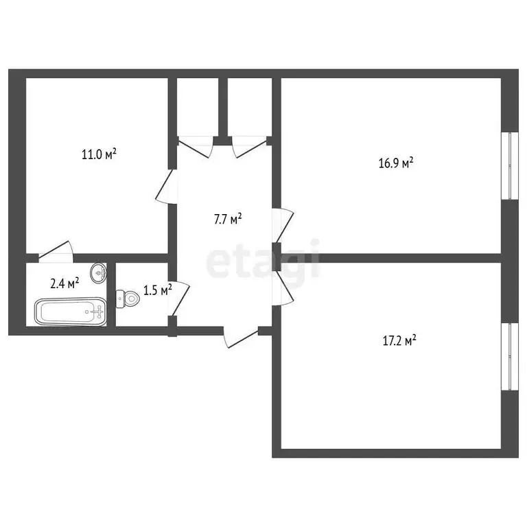 Квартира, 2 комнаты, 58.9 м - Фото 1