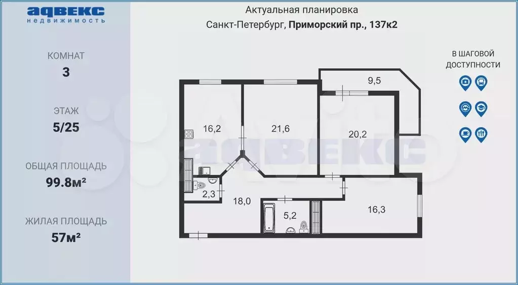 3-к. квартира, 99,8 м, 5/25 эт. - Фото 0