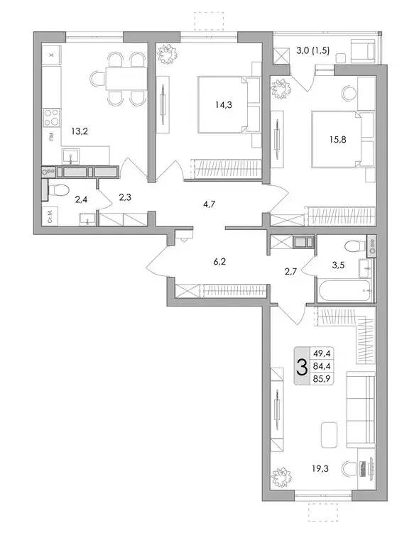 3-комнатная квартира: Воронеж, улица Шишкова, 140Б/16 (85.9 м) - Фото 0