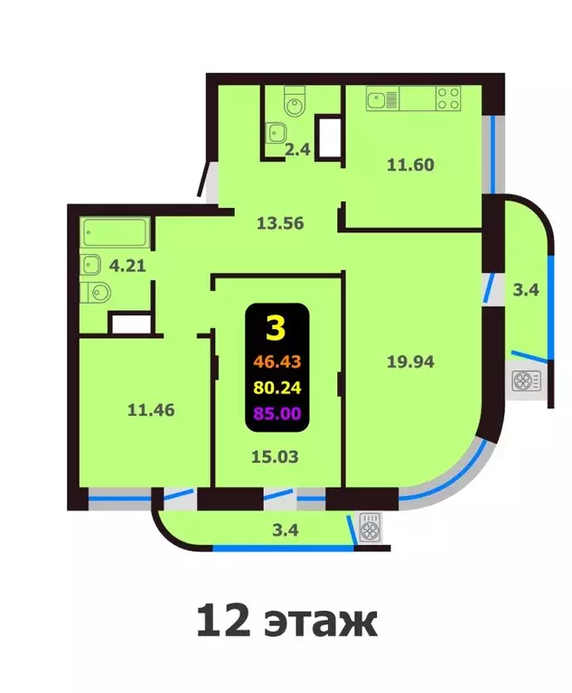 3-к кв. Чувашия, Чебоксары Эгерский бул., поз50 (85.0 м) - Фото 0