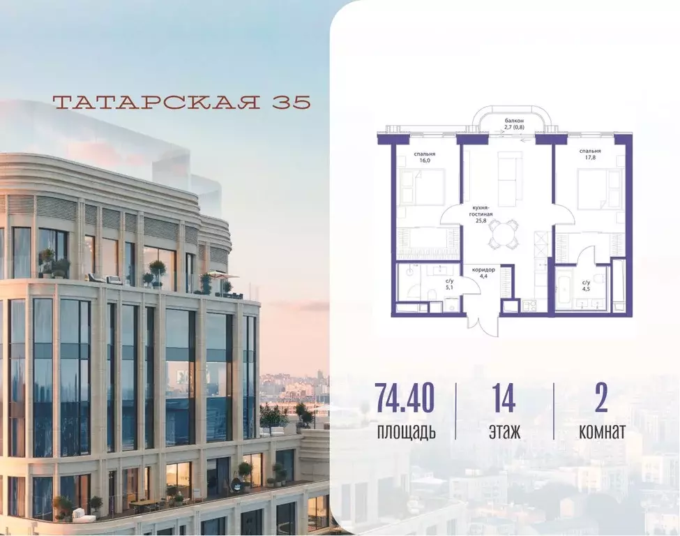 2-к кв. Москва Большая Татарская ул. (74.4 м) - Фото 1