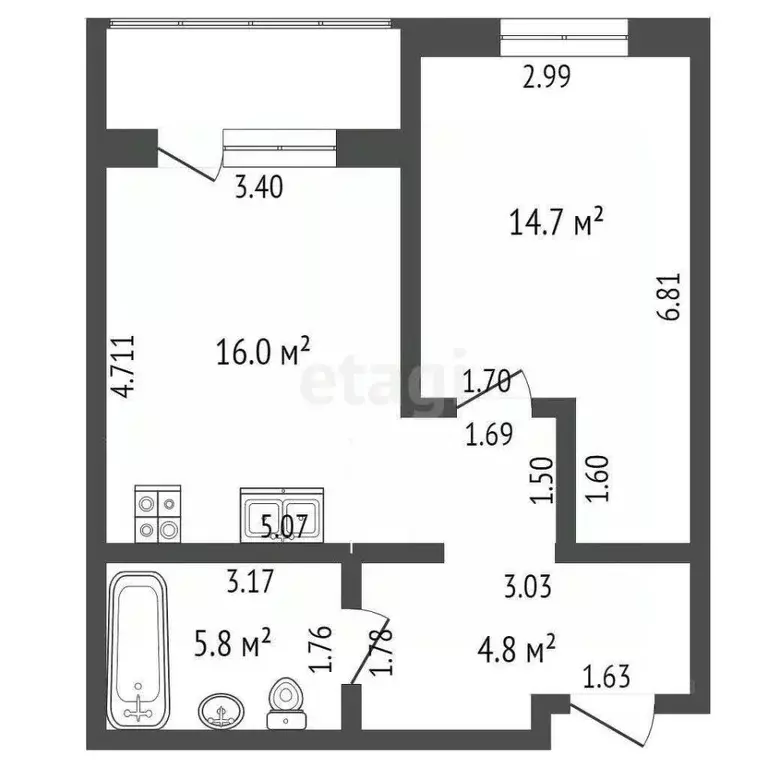 1-к кв. Ханты-Мансийский АО, Ханты-Мансийск ул. Елены Сагандуковой, 14 ... - Фото 1