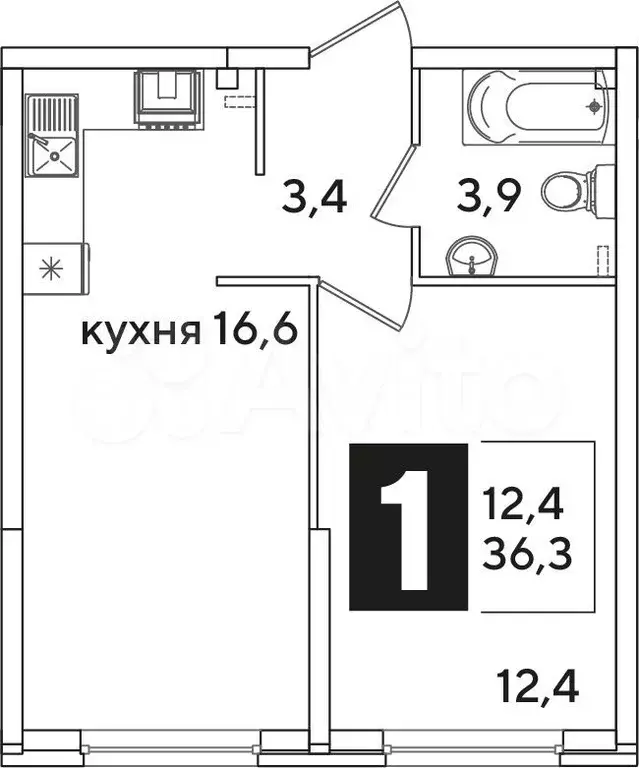 1-к. квартира, 36,3 м, 1/16 эт. - Фото 1